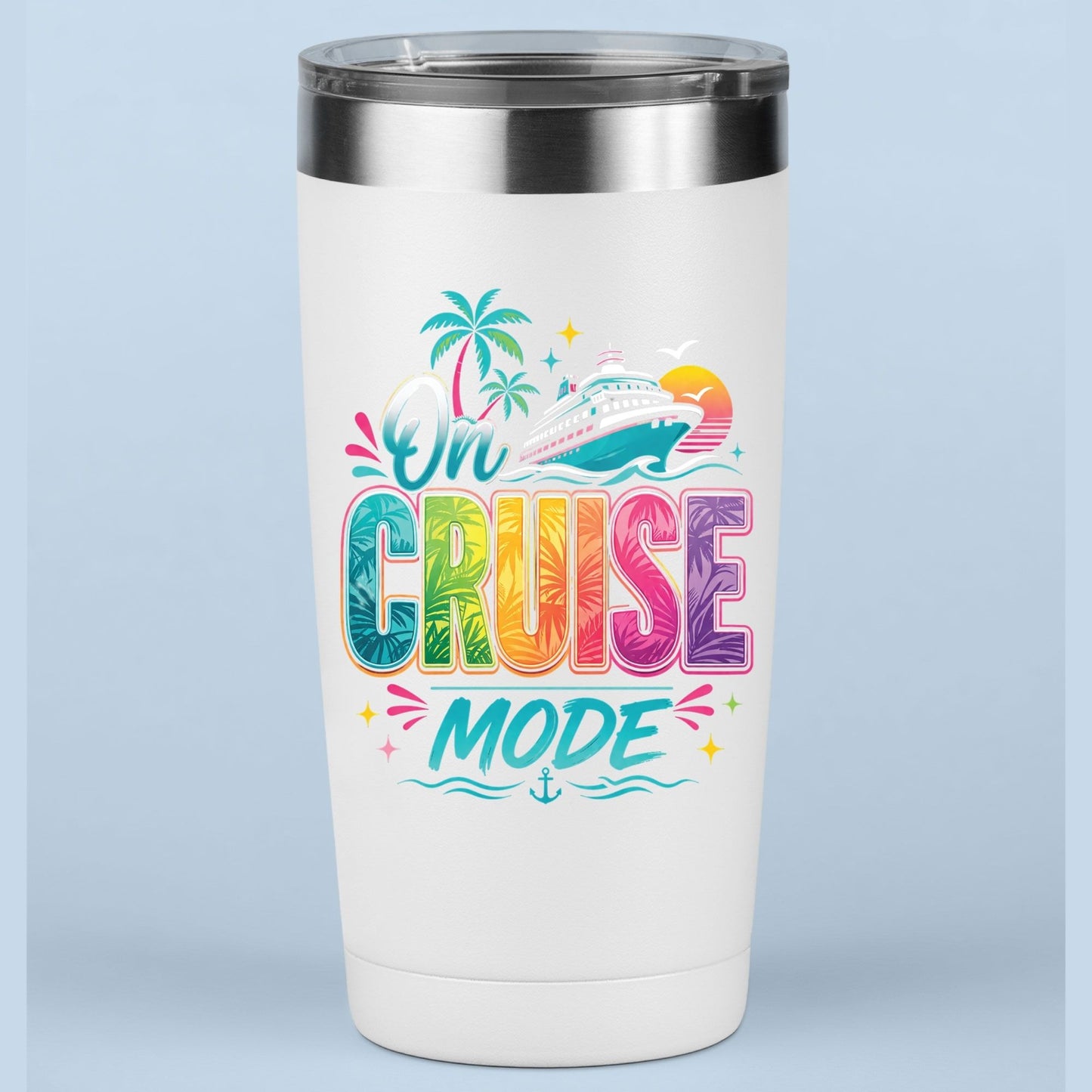 On Cruise Mode Retro Cruise Ship DTF Transfer Ready to Press Family Cruise Vacation UV DTF Sticker Ocean Liner & Palms Heat Transfer for Shirts