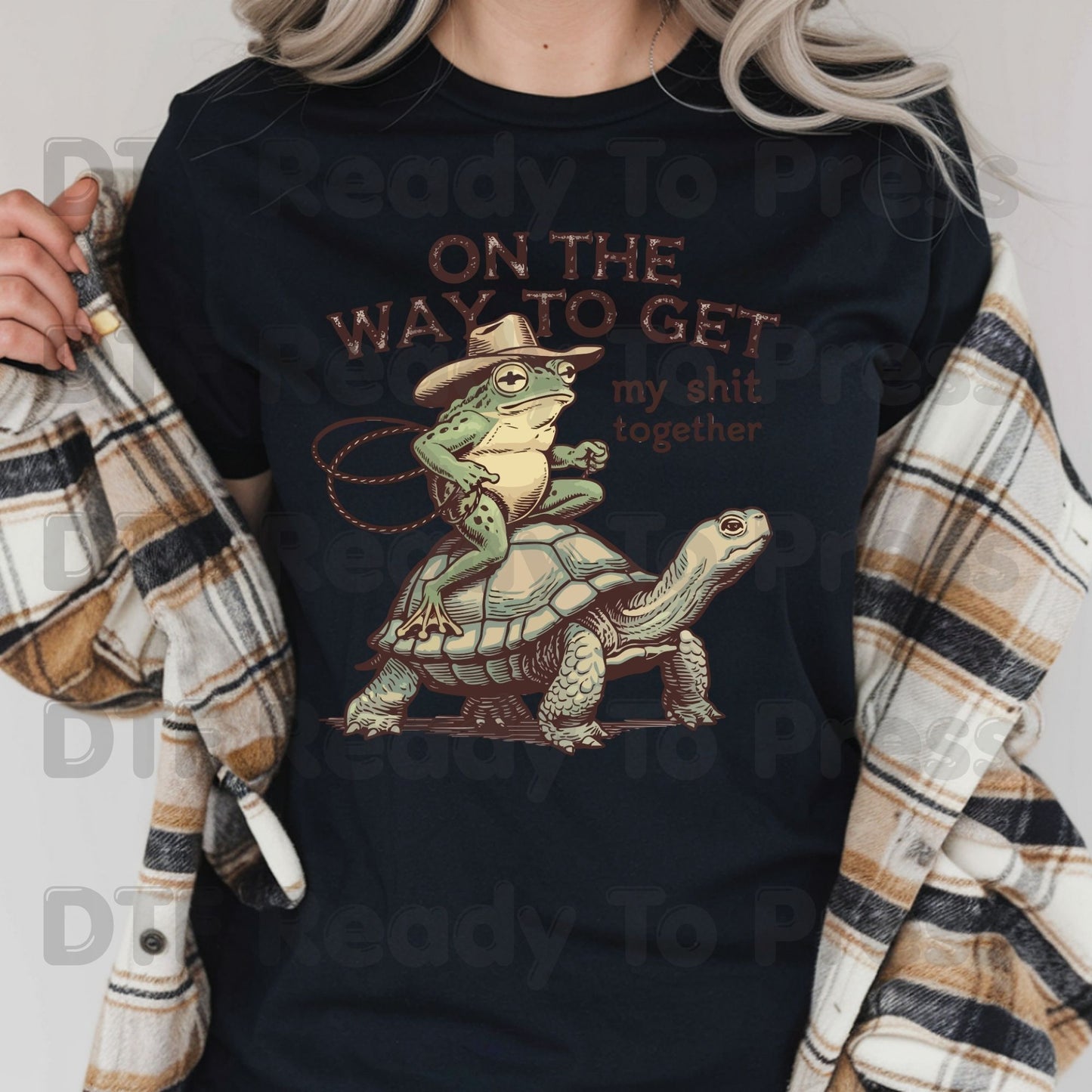 On The Way To Get My Shit Together DTF Transfer Ready to Press Retro Frog Riding Turtle Heat Transfer For Shirts Funny Sarcastic UV Sticker Prints