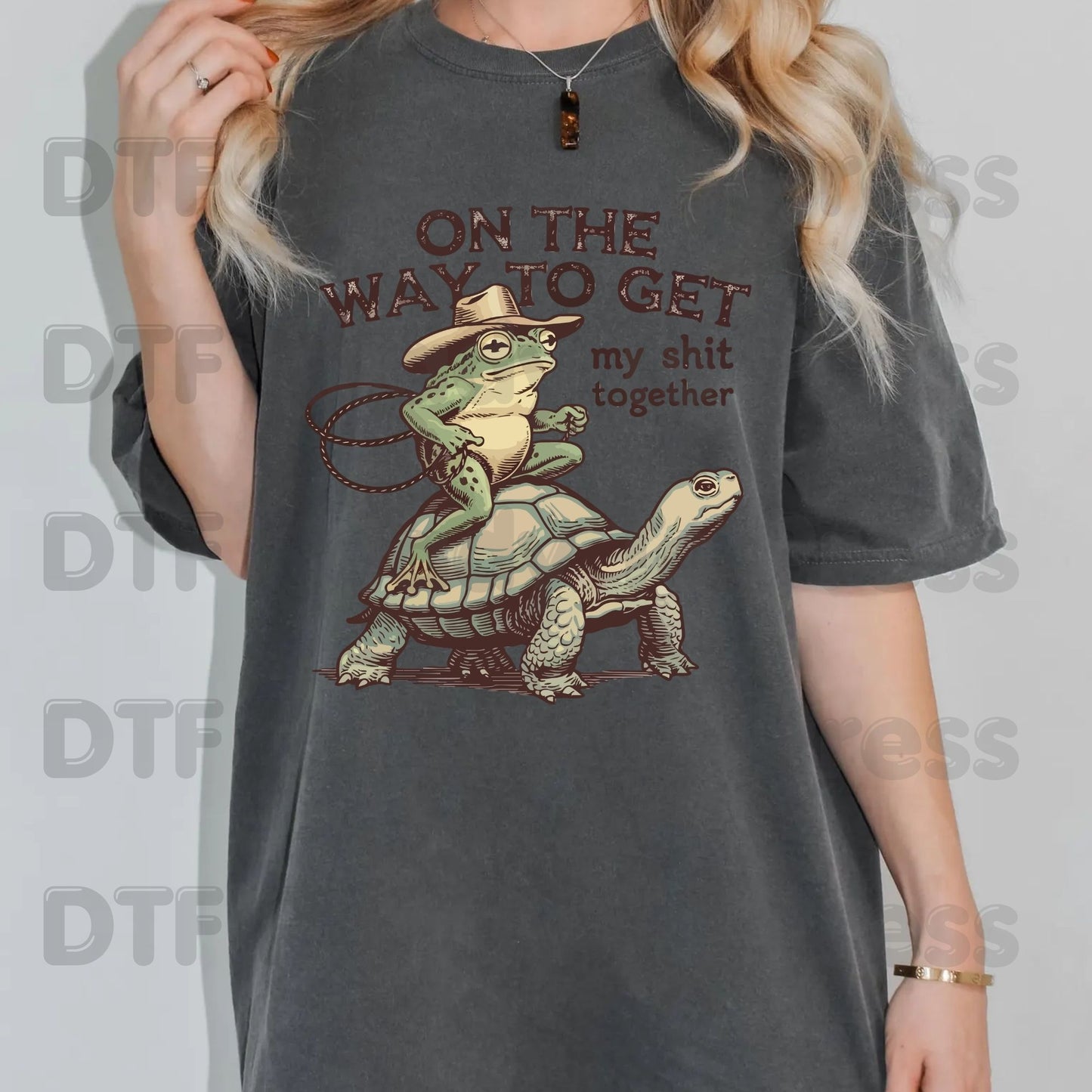 On The Way To Get My Shit Together DTF Transfer Ready to Press Retro Frog Riding Turtle Heat Transfer For Shirts Funny Sarcastic UV Sticker Prints