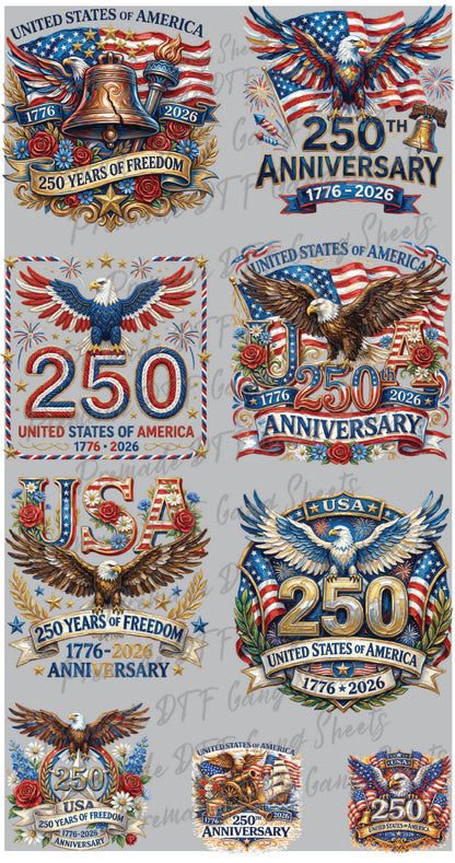 250 Years Of Freedom USA Premade Gang Sheet Patriotic America DTF Transfer Gang Sheet 4th of July Ready For Press Heat Transfer Gang