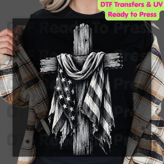 Patriotic American Flag Wooden Cross DTF Transfer Ready to Press Christian Flag UV DTF Sticker Rustic Tattered Flag Veteran Memorial Heat Transfer for Shirts