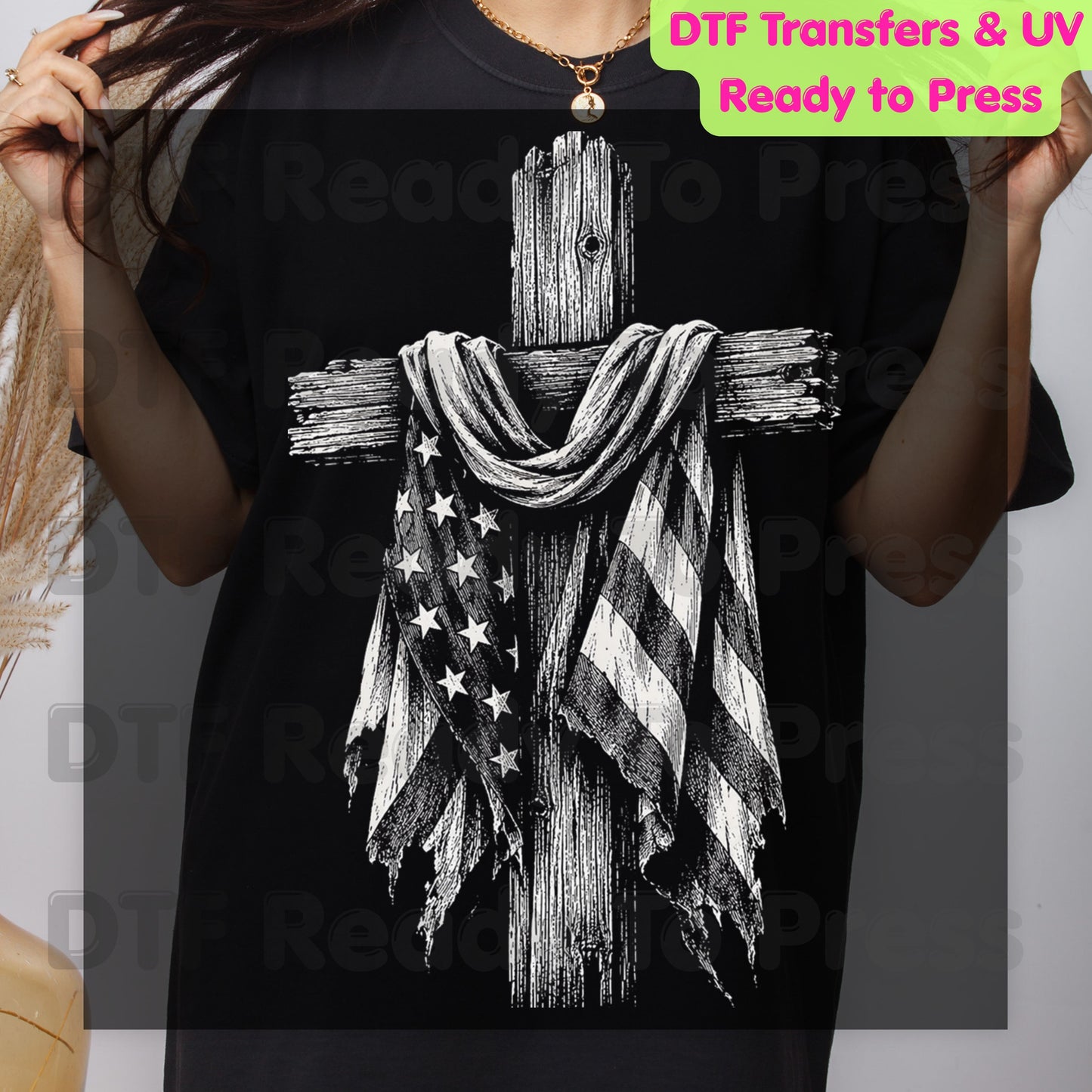 Patriotic American Flag Wooden Cross DTF Transfer Ready to Press Christian Flag UV DTF Sticker Rustic Tattered Flag Veteran Memorial Heat Transfer for Shirts