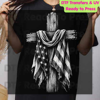 Patriotic American Flag Wooden Cross DTF Transfer Ready to Press Christian Flag UV DTF Sticker Rustic Tattered Flag Veteran Memorial Heat Transfer for Shirts