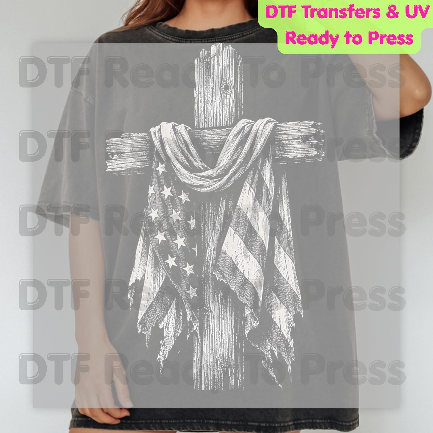 Patriotic American Flag Wooden Cross DTF Transfer Ready to Press Christian Flag UV DTF Sticker Rustic Tattered Flag Veteran Memorial Heat Transfer for Shirts