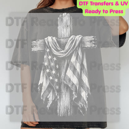 Patriotic American Flag Wooden Cross DTF Transfer Ready to Press Christian Flag UV DTF Sticker Rustic Tattered Flag Veteran Memorial Heat Transfer for Shirts