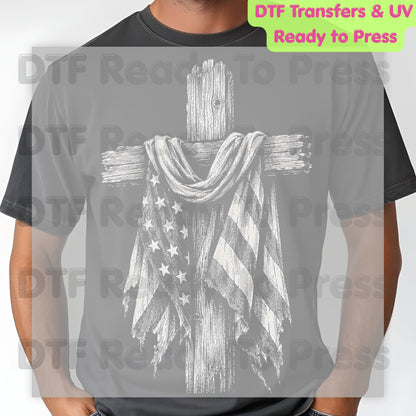 Patriotic American Flag Wooden Cross DTF Transfer Ready to Press Christian Flag UV DTF Sticker Rustic Tattered Flag Veteran Memorial Heat Transfer for Shirts