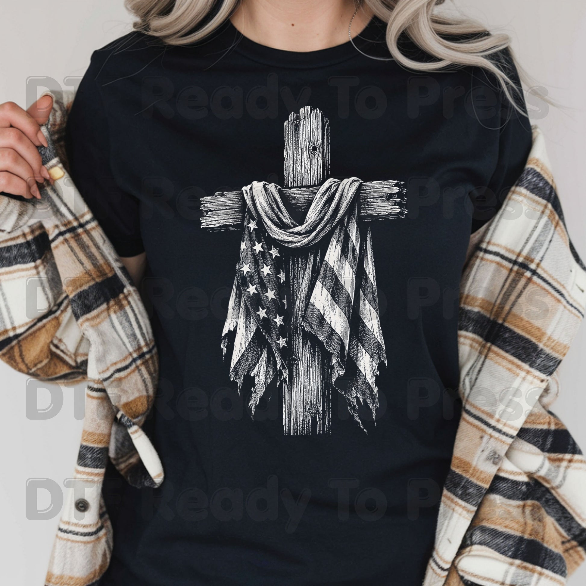 Patriotic American Flag Wooden Cross DTF Transfer Ready to Press Christian Flag UV DTF Sticker Rustic Tattered Flag Veteran Memorial Heat Transfer for Shirts