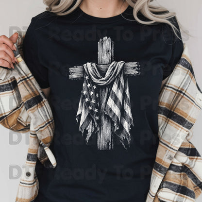 Patriotic American Flag Wooden Cross DTF Transfer Ready to Press Christian Flag UV DTF Sticker Rustic Tattered Flag Veteran Memorial Heat Transfer for Shirts