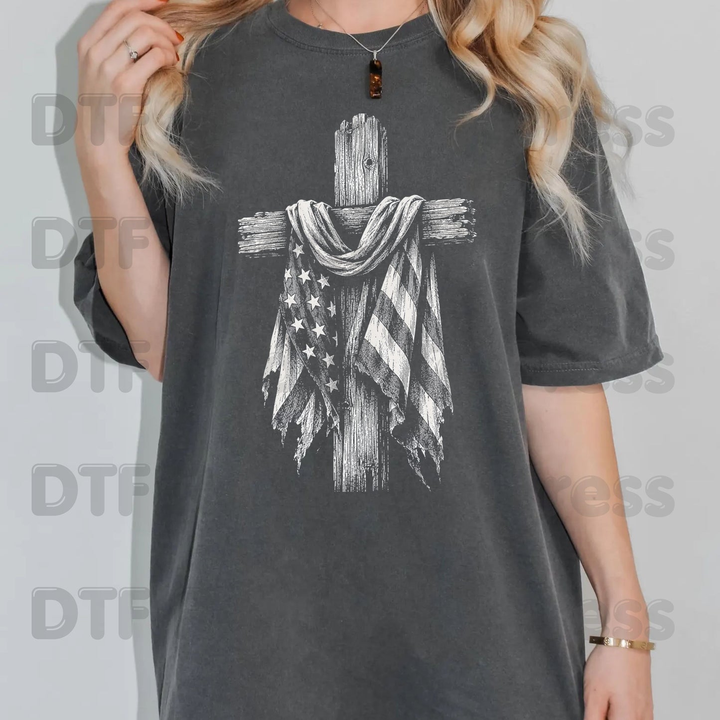 Patriotic American Flag Wooden Cross DTF Transfer Ready to Press Christian Flag UV DTF Sticker Rustic Tattered Flag Veteran Memorial Heat Transfer for Shirts