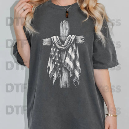 Patriotic American Flag Wooden Cross DTF Transfer Ready to Press Christian Flag UV DTF Sticker Rustic Tattered Flag Veteran Memorial Heat Transfer for Shirts