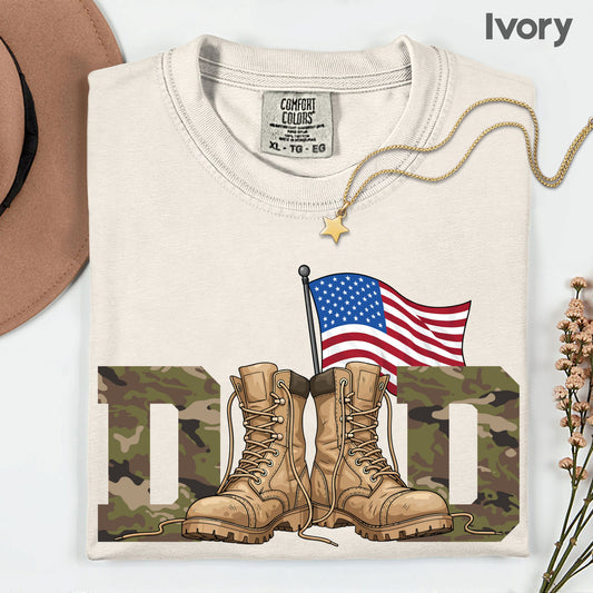 Patriotic Dad Comfort Colors T Shirt Military Boots Camo Father's Day Gift American Flag Veteran Apparel USA Soldier Dad Tee Army Style Shirt
