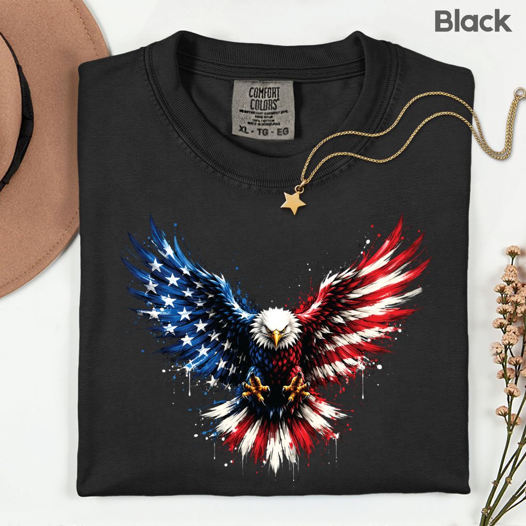 Patriotic Eagle American Flag Comfort Colors T Shirts Splatter Eagle Wings Graphic Tee 4th of July Men Women Fourth of July Gifts