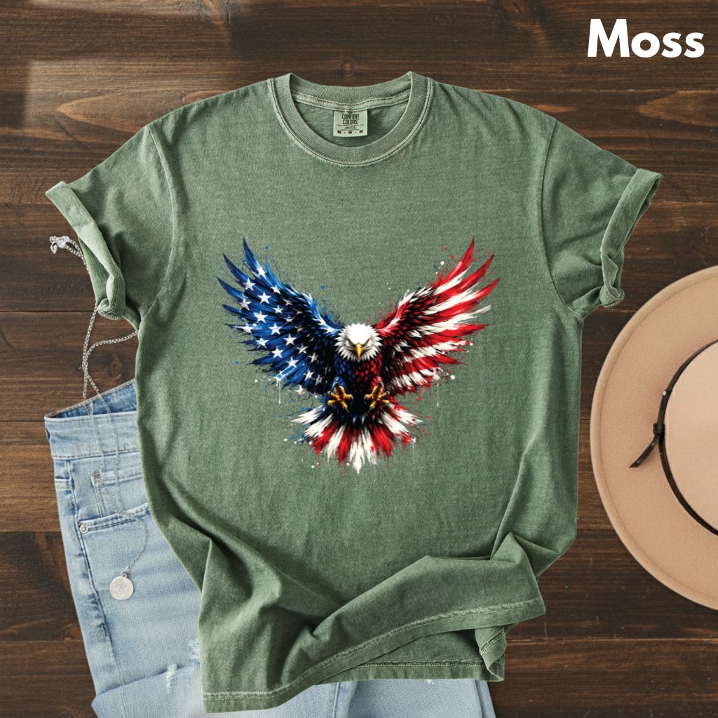 Patriotic Eagle American Flag Comfort Colors T Shirts Splatter Eagle Wings Graphic Tee 4th of July Men Women Fourth of July Gifts