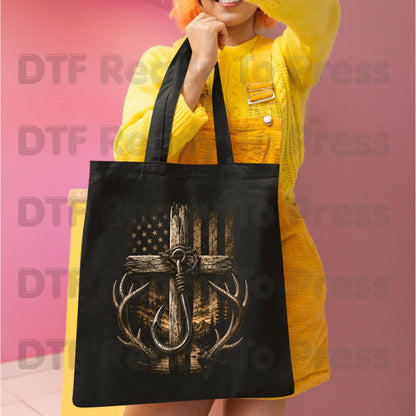 Patriotic Fishing Hunting DTF Transfer Ready to Press American Flag Cross UV DTF Sticker Deer Antlers & Fish Hook Outdoor Heat Transfer for Shirts