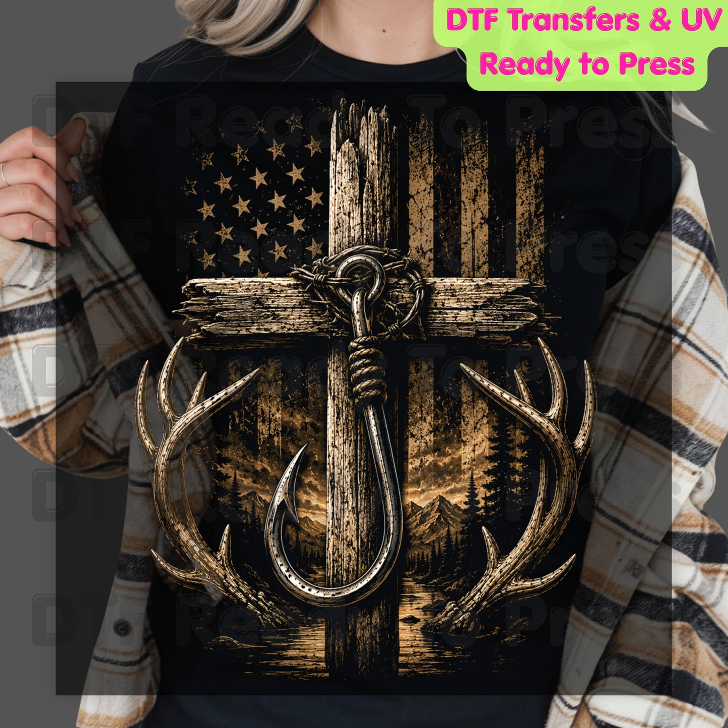 Patriotic Fishing Hunting DTF Transfer Ready to Press American Flag Cross UV DTF Sticker Deer Antlers & Fish Hook Outdoor Heat Transfer for Shirts