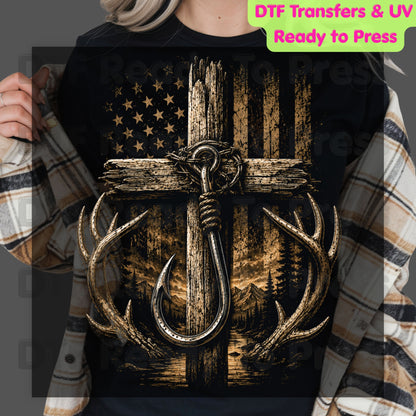 Patriotic Fishing Hunting DTF Transfer Ready to Press American Flag Cross UV DTF Sticker Deer Antlers & Fish Hook Outdoor Heat Transfer for Shirts