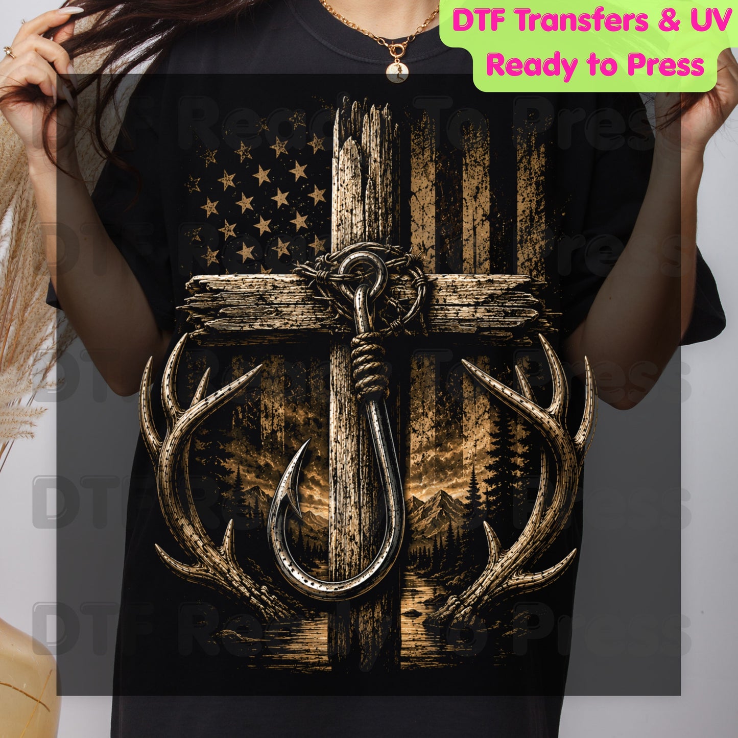 Patriotic Fishing Hunting DTF Transfer Ready to Press American Flag Cross UV DTF Sticker Deer Antlers & Fish Hook Outdoor Heat Transfer for Shirts