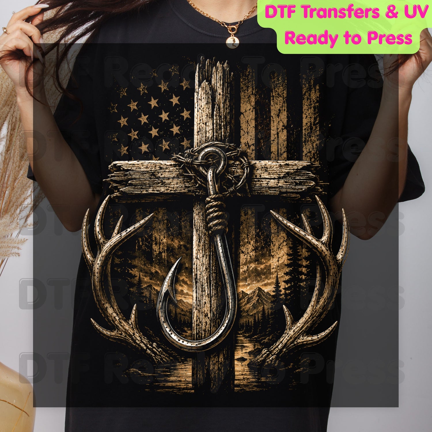 Patriotic Fishing Hunting DTF Transfer Ready to Press American Flag Cross UV DTF Sticker Deer Antlers & Fish Hook Outdoor Heat Transfer for Shirts