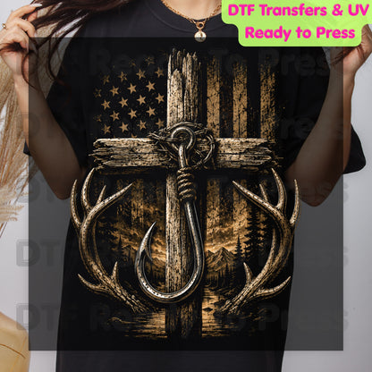 Patriotic Fishing Hunting DTF Transfer Ready to Press American Flag Cross UV DTF Sticker Deer Antlers & Fish Hook Outdoor Heat Transfer for Shirts