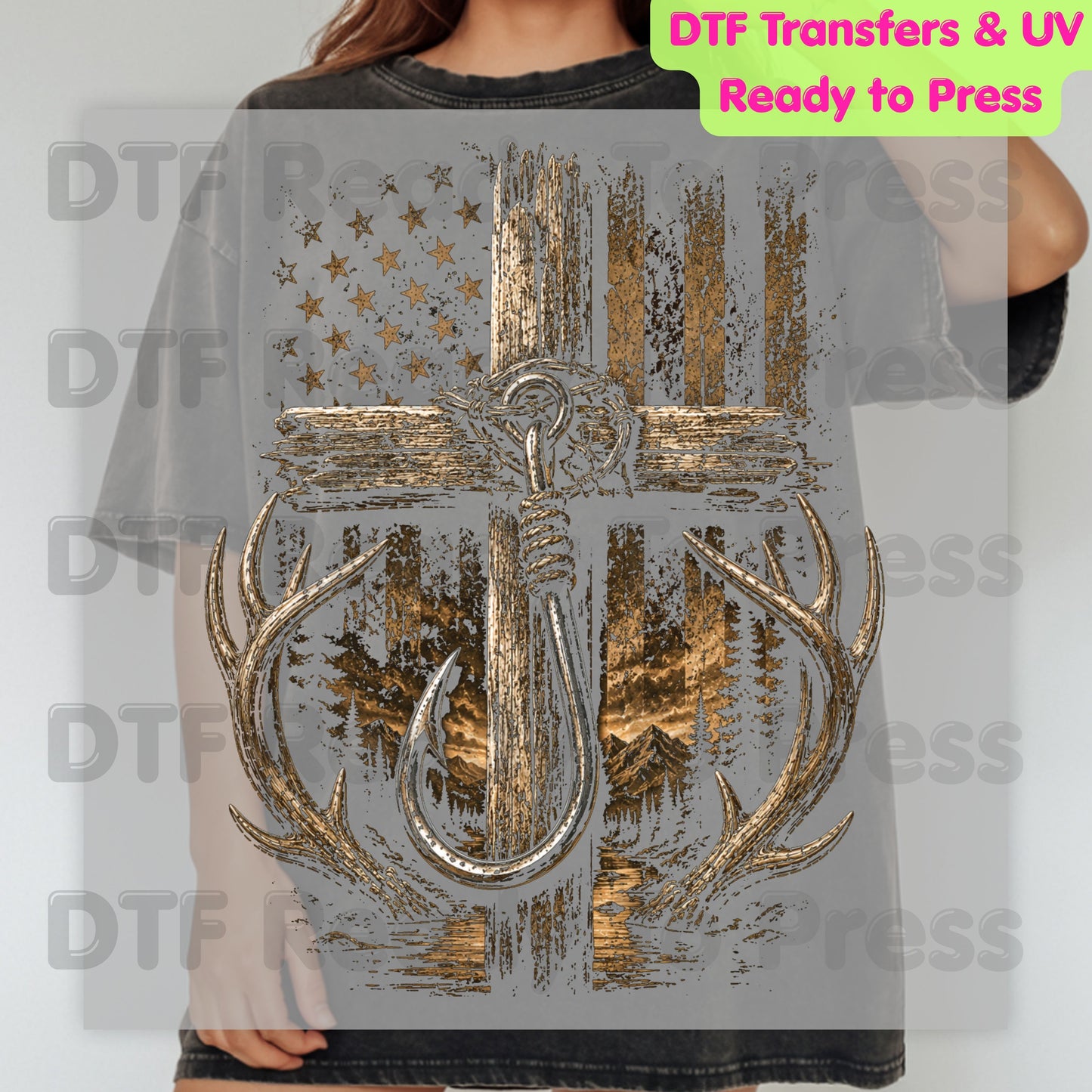 Patriotic Fishing Hunting DTF Transfer Ready to Press American Flag Cross UV DTF Sticker Deer Antlers & Fish Hook Outdoor Heat Transfer for Shirts