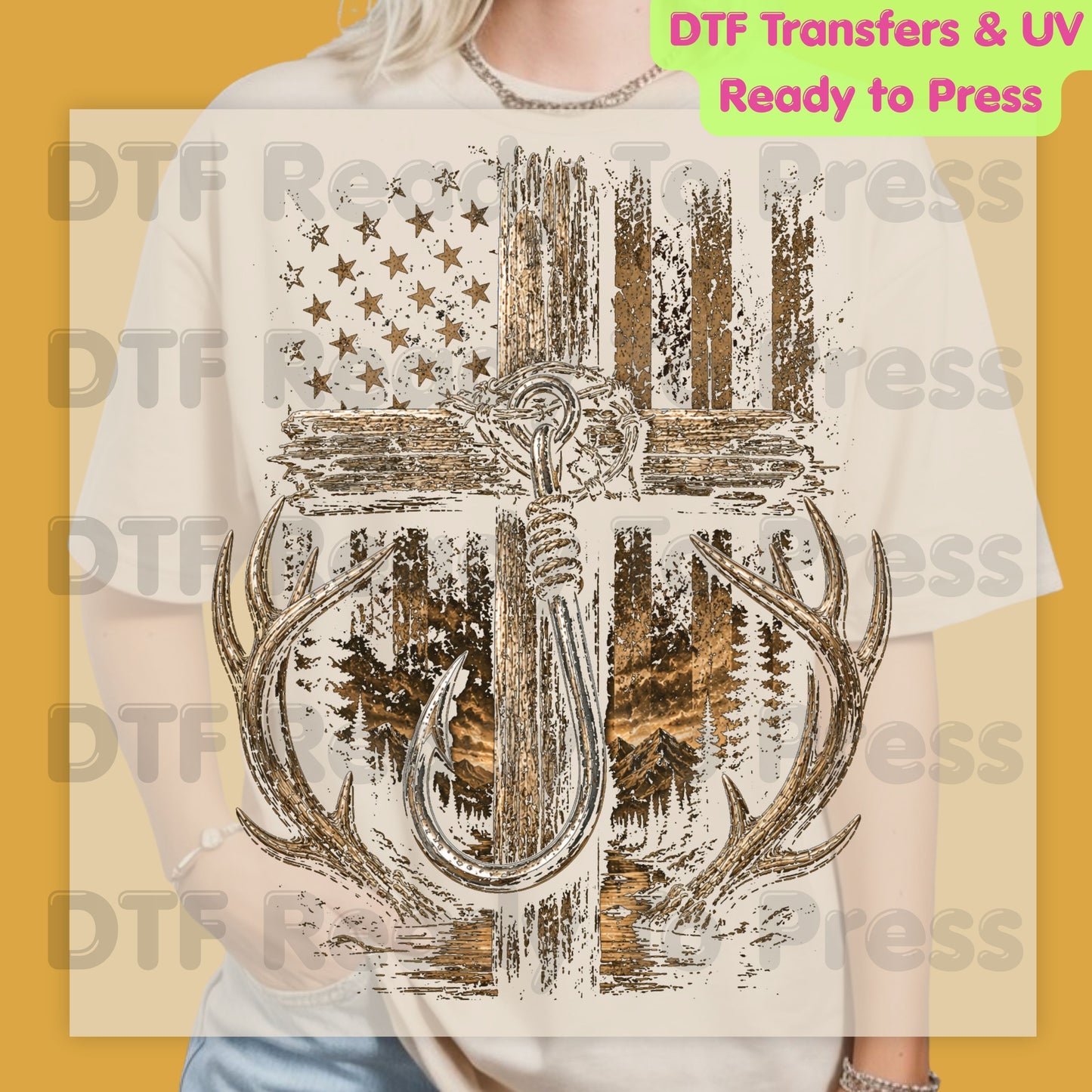 Patriotic Fishing Hunting DTF Transfer Ready to Press American Flag Cross UV DTF Sticker Deer Antlers & Fish Hook Outdoor Heat Transfer for Shirts