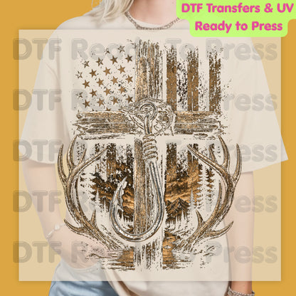 Patriotic Fishing Hunting DTF Transfer Ready to Press American Flag Cross UV DTF Sticker Deer Antlers & Fish Hook Outdoor Heat Transfer for Shirts
