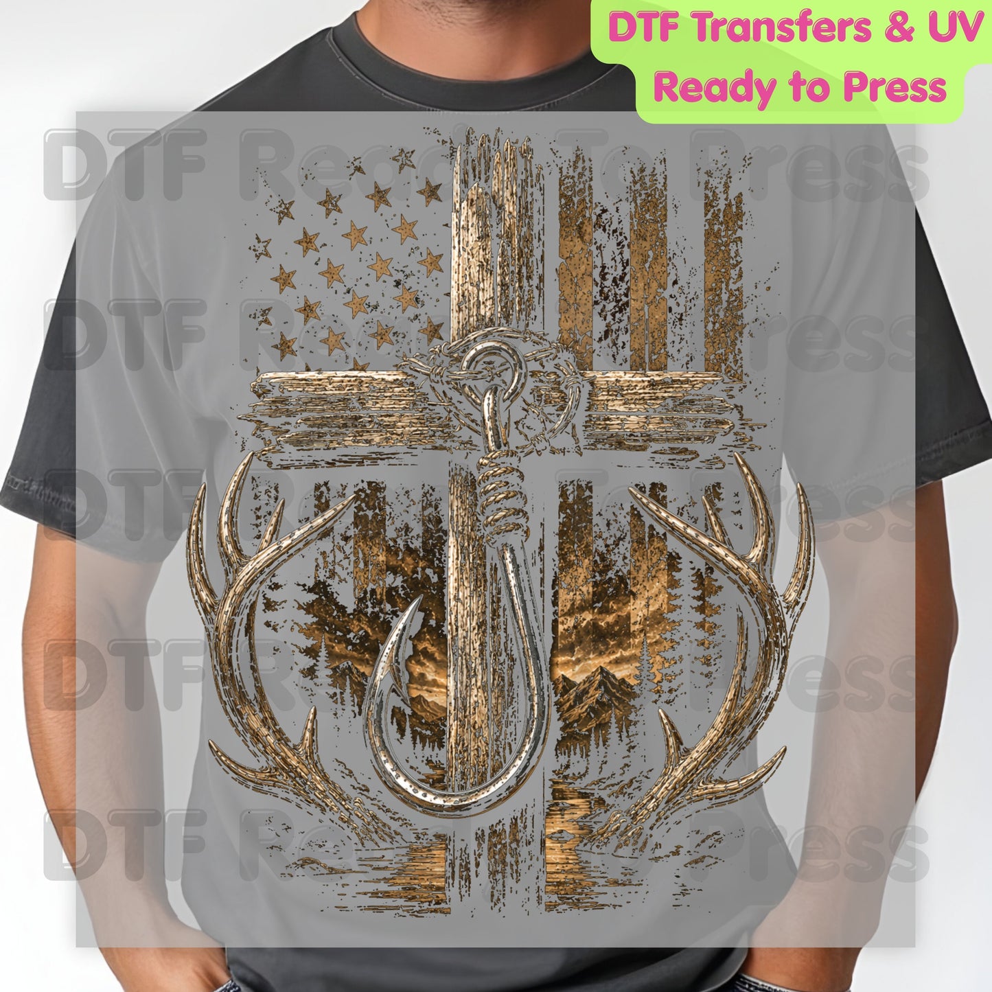 Patriotic Fishing Hunting DTF Transfer Ready to Press American Flag Cross UV DTF Sticker Deer Antlers & Fish Hook Outdoor Heat Transfer for Shirts