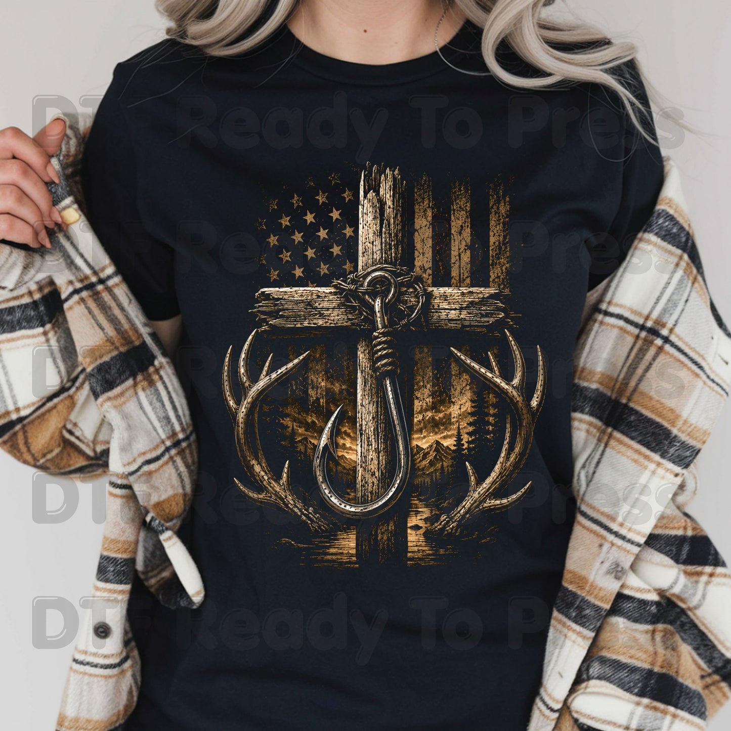 Patriotic Fishing Hunting DTF Transfer Ready to Press American Flag Cross UV DTF Sticker Deer Antlers & Fish Hook Outdoor Heat Transfer for Shirts