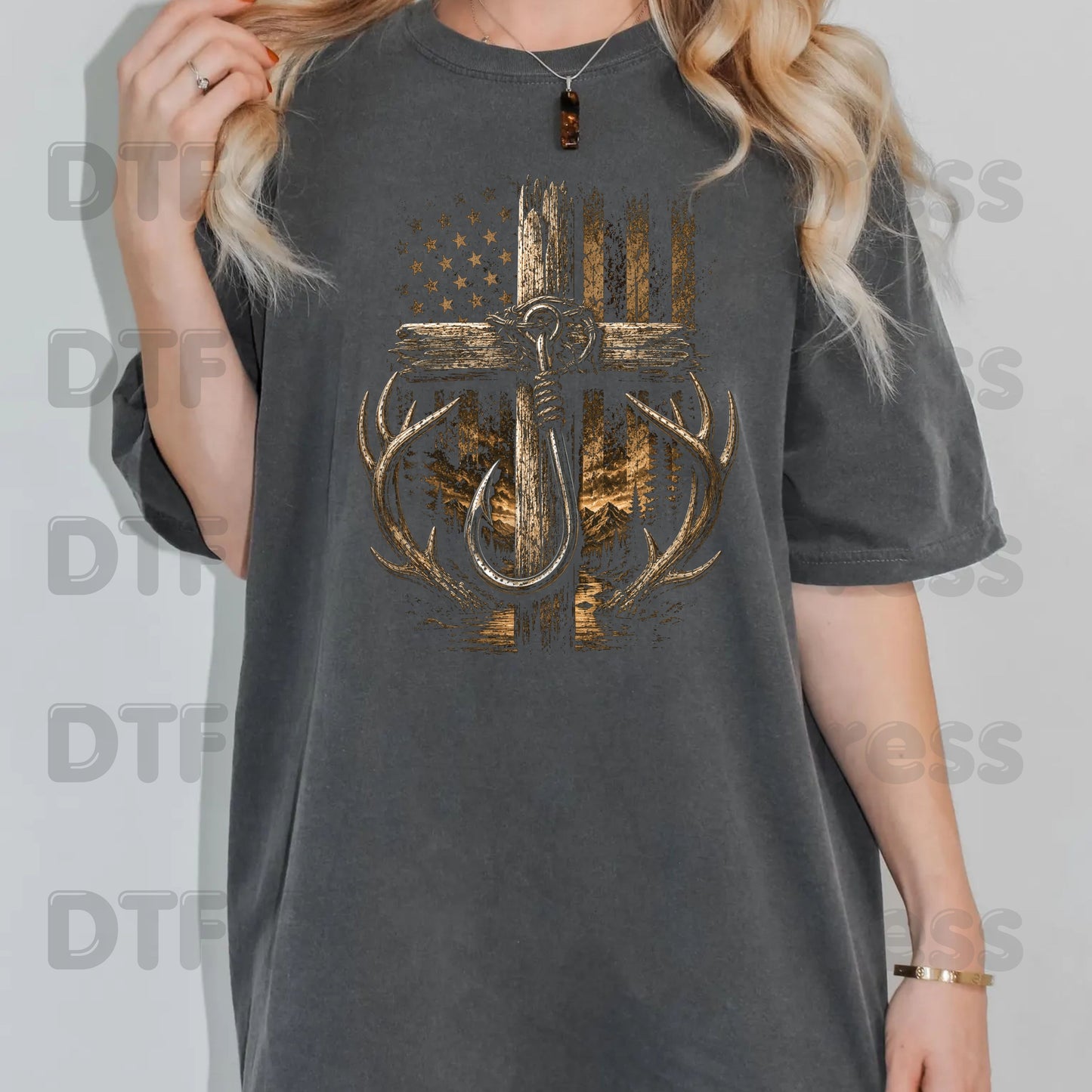 Patriotic Fishing Hunting DTF Transfer Ready to Press American Flag Cross UV DTF Sticker Deer Antlers & Fish Hook Outdoor Heat Transfer for Shirts