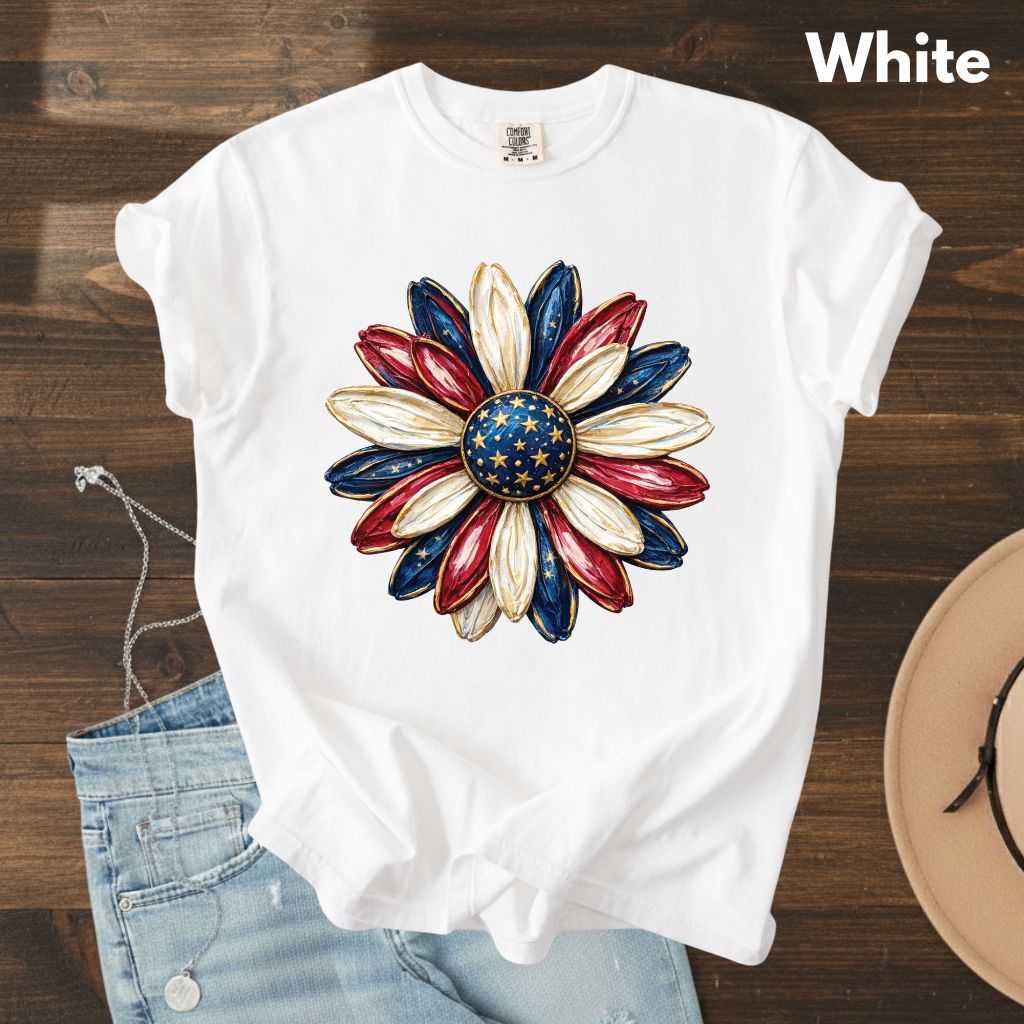 Patriotic Flower Comfort Colors T Shirts 4th of July Sunflower Tee Red White Blue Daisy Shirt Cute America Floral Fourth of July Gifts