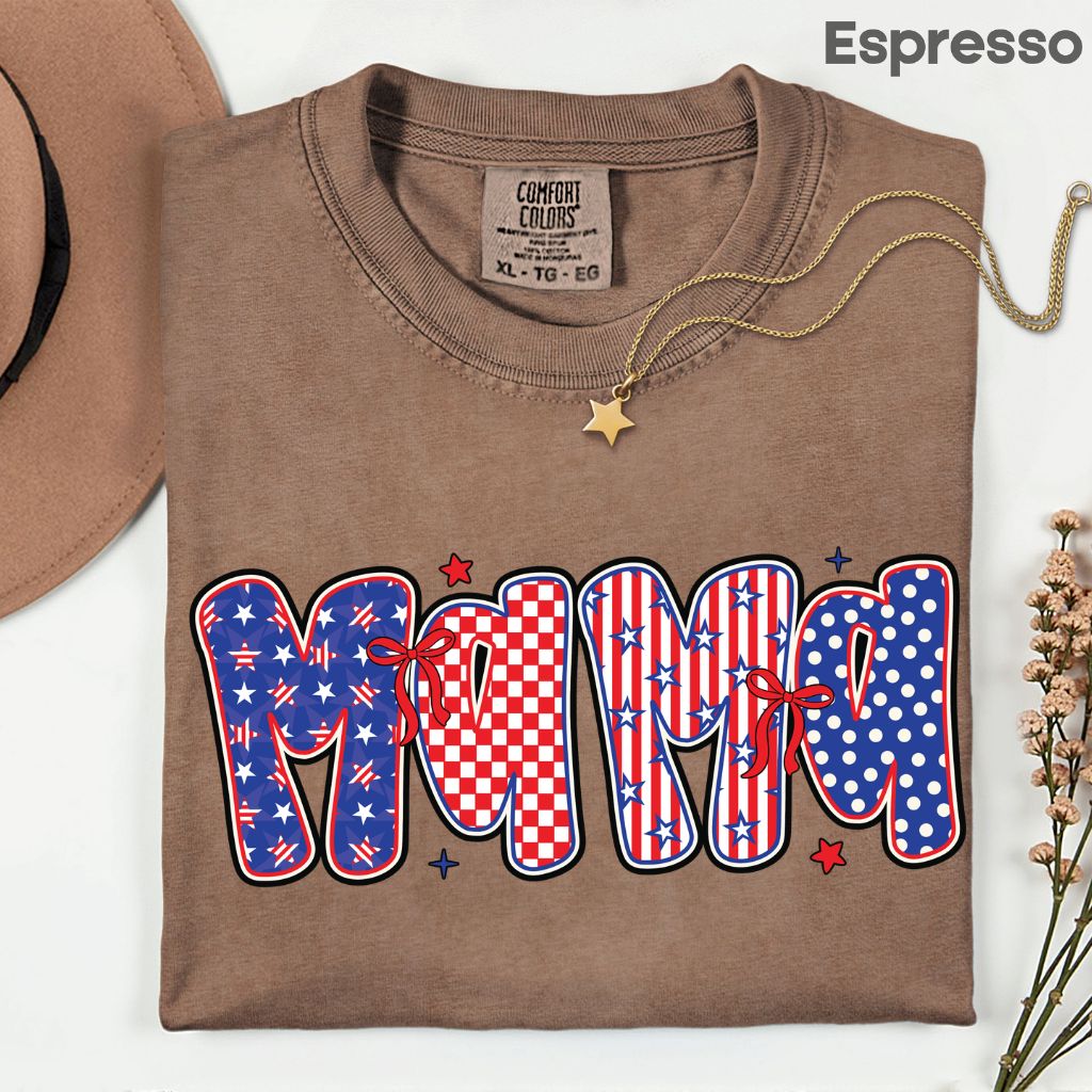 Patriotic Mama Letters Comfort Colors T Shirts Cute 4th of July Bow Tee Coppy America Flag Shirt Mothers Day Gift Fourth of July Gifts