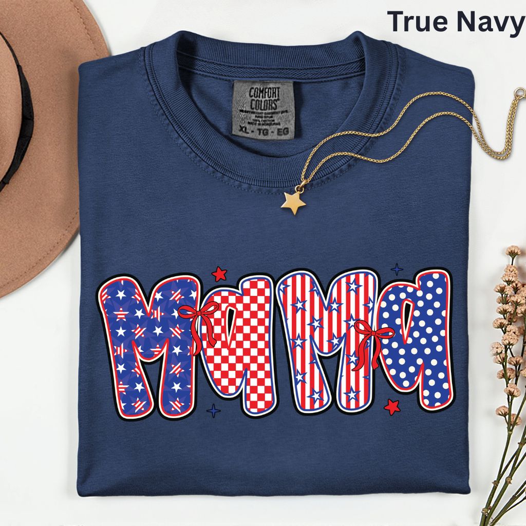Patriotic Mama Letters Comfort Colors T Shirts Cute 4th of July Bow Tee Coppy America Flag Shirt Mothers Day Gift Fourth of July Gifts