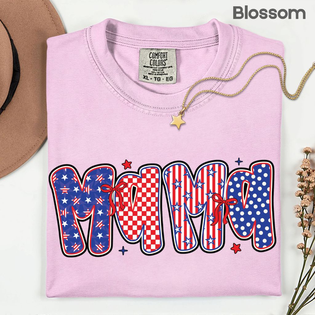 Patriotic Mama Letters Comfort Colors T Shirts Cute 4th of July Bow Tee Coppy America Flag Shirt Mothers Day Gift Fourth of July Gifts