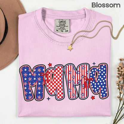 Patriotic Mama Letters Comfort Colors T Shirts Cute 4th of July Bow Tee Coppy America Flag Shirt Mothers Day Gift Fourth of July Gifts