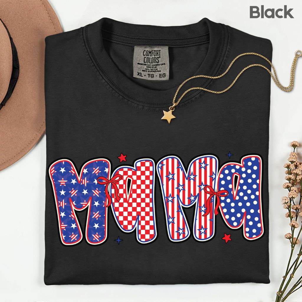 Patriotic Mama Letters Comfort Colors T Shirts Cute 4th of July Bow Tee Coppy America Flag Shirt Mothers Day Gift Fourth of July Gifts