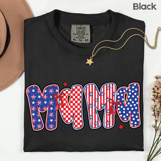 Patriotic Mama Letters Comfort Colors T Shirts Cute 4th of July Bow Tee Coppy America Flag Shirt Mothers Day Gift Fourth of July Gifts