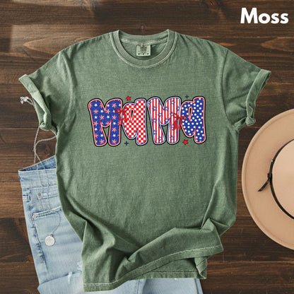 Patriotic Mama Letters Comfort Colors T Shirts Cute 4th of July Bow Tee Coppy America Flag Shirt Mothers Day Gift Fourth of July Gifts