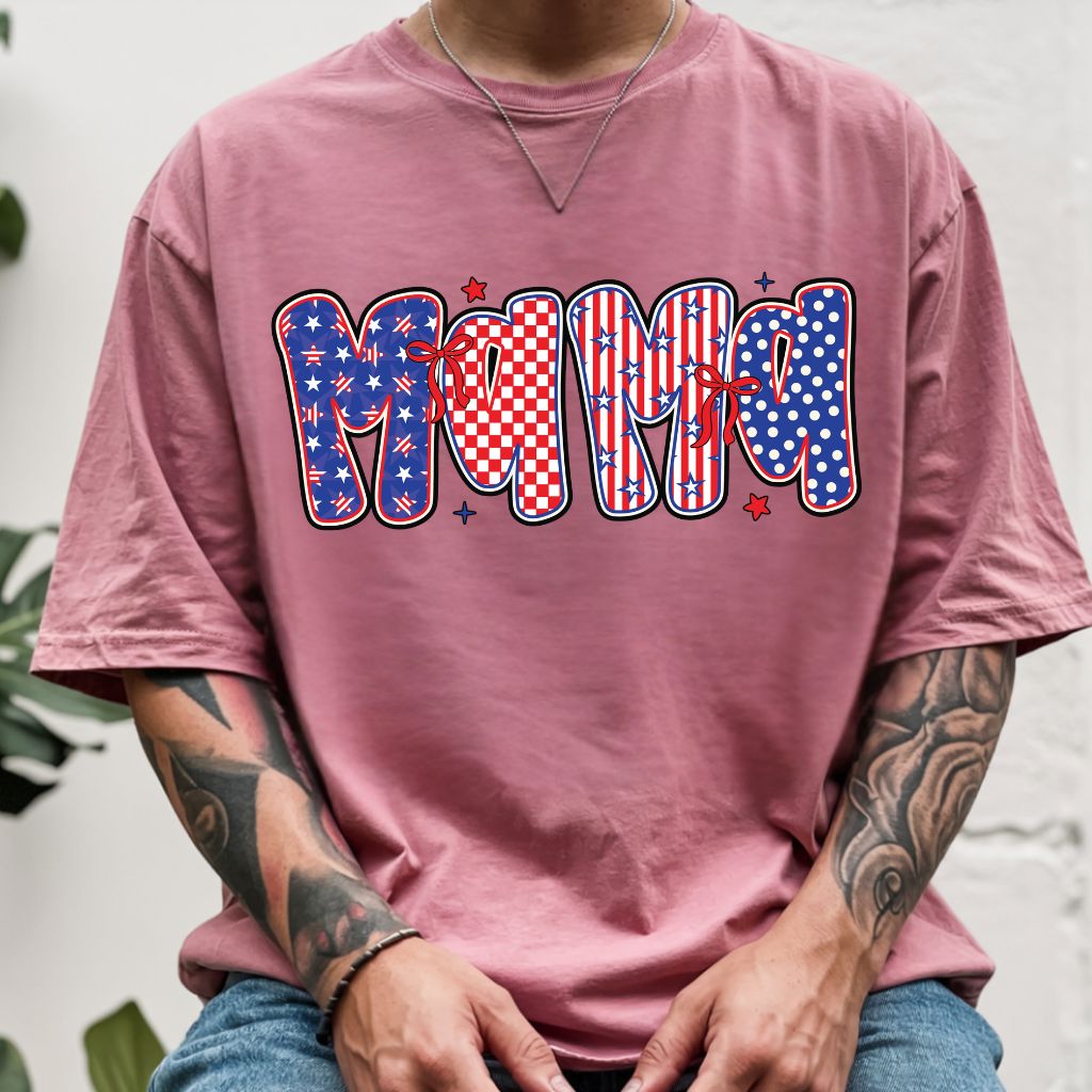 Patriotic Mama Letters Comfort Colors T Shirts Cute 4th of July Bow Tee Coppy America Flag Shirt Mothers Day Gift Fourth of July Gifts