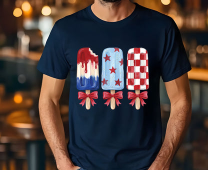 Patriotic Popsicle T Shirt, Red White and Blue Ice Cream Bows Tee, Cute 4th of July Coquette Apparel, Fourth of July Popsicles Gift Tops