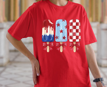 Patriotic Popsicle T Shirt, Red White and Blue Ice Cream Bows Tee, Cute 4th of July Coquette Apparel, Fourth of July Popsicles Gift Tops