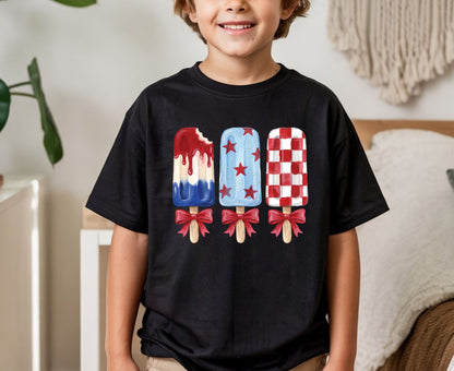 Patriotic Popsicle T Shirt, Red White and Blue Ice Cream Bows Tee, Cute 4th of July Coquette Apparel, Fourth of July Popsicles Gift Tops