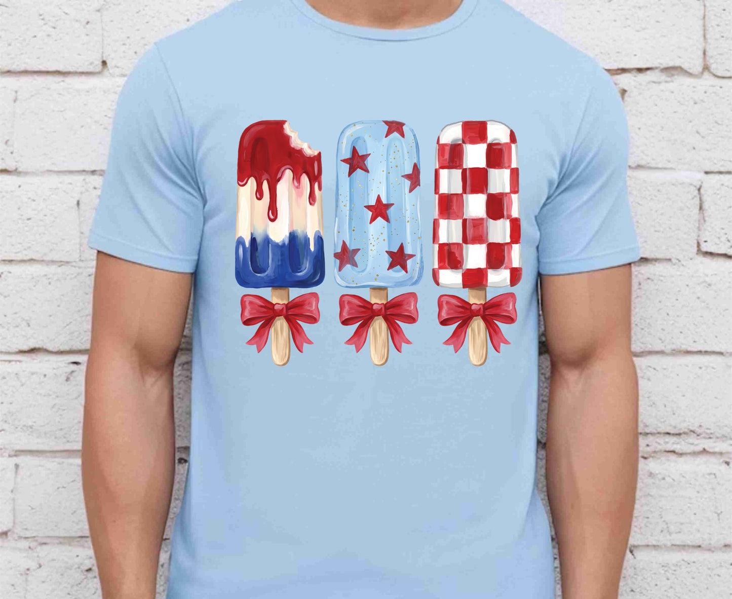 Patriotic Popsicle T Shirt, Red White and Blue Ice Cream Bows Tee, Cute 4th of July Coquette Apparel, Fourth of July Popsicles Gift Tops