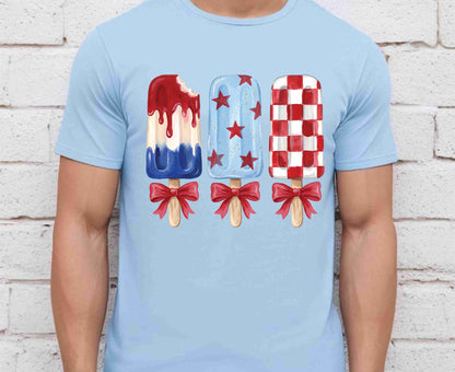 Patriotic Popsicle T Shirt, Red White and Blue Ice Cream Bows Tee, Cute 4th of July Coquette Apparel, Fourth of July Popsicles Gift Tops