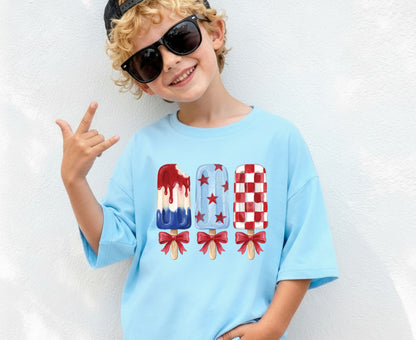 Patriotic Popsicle T Shirt, Red White and Blue Ice Cream Bows Tee, Cute 4th of July Coquette Apparel, Fourth of July Popsicles Gift Tops