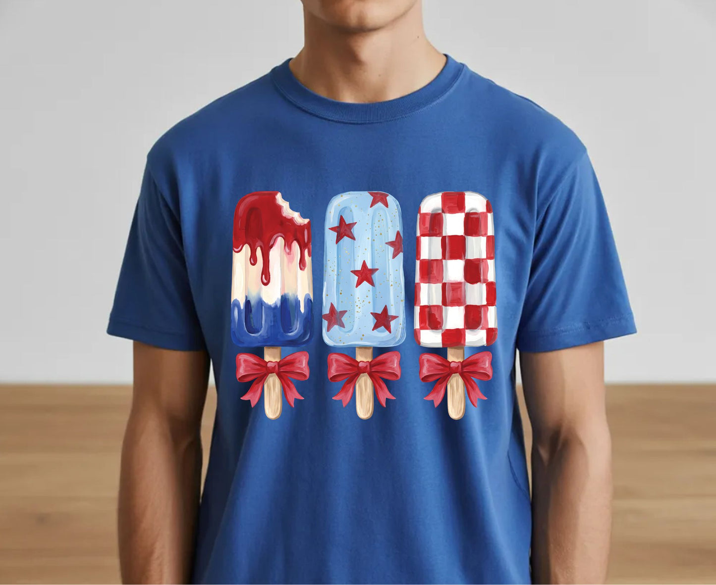 Patriotic Popsicle T Shirt, Red White and Blue Ice Cream Bows Tee, Cute 4th of July Coquette Apparel, Fourth of July Popsicles Gift Tops