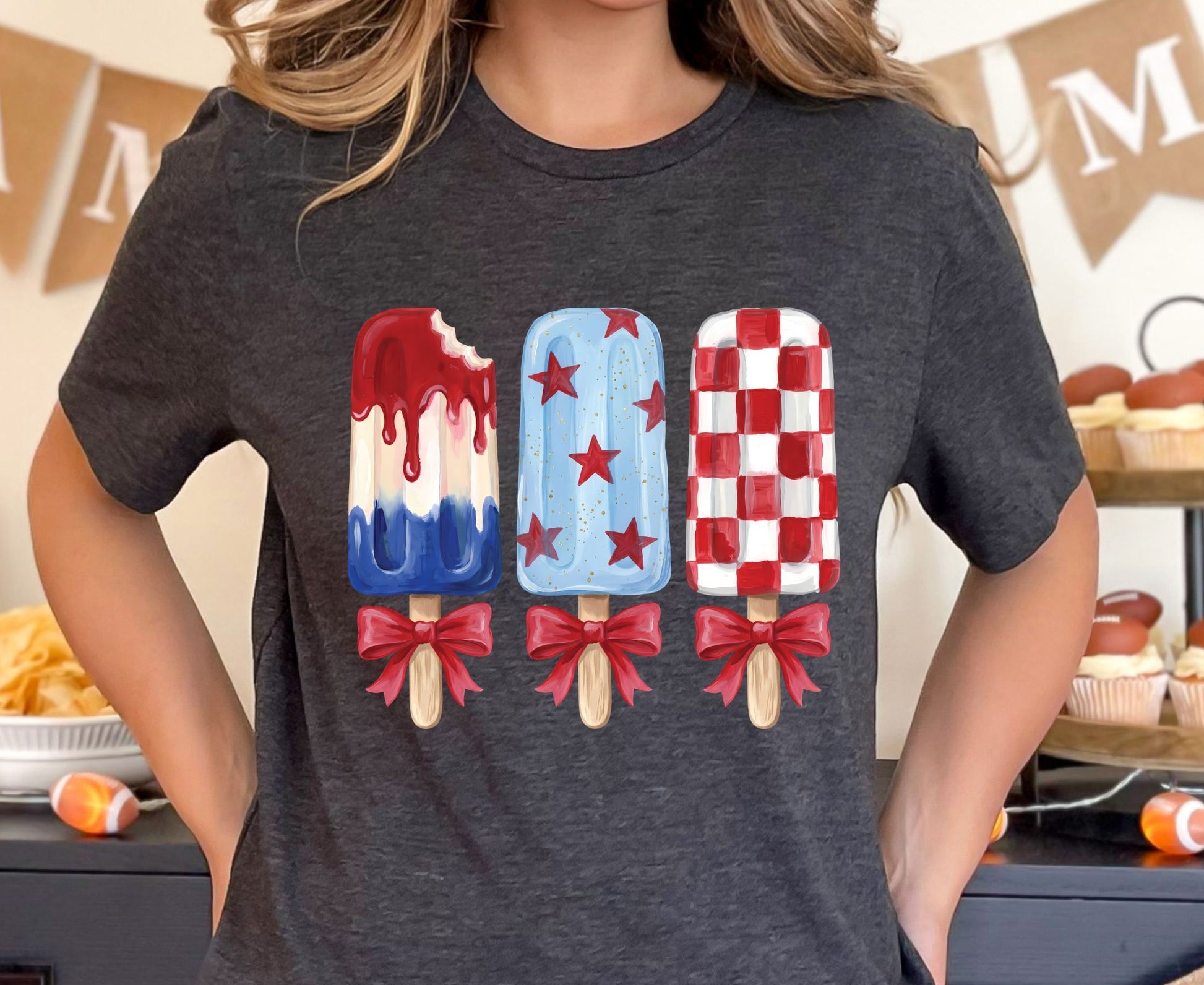 Patriotic Popsicle T Shirt, Red White and Blue Ice Cream Bows Tee, Cute 4th of July Coquette Apparel, Fourth of July Popsicles Gift Tops