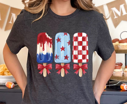 Patriotic Popsicle T Shirt, Red White and Blue Ice Cream Bows Tee, Cute 4th of July Coquette Apparel, Fourth of July Popsicles Gift Tops