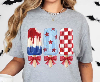 Patriotic Popsicle T Shirt, Red White and Blue Ice Cream Bows Tee, Cute 4th of July Coquette Apparel, Fourth of July Popsicles Gift Tops