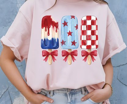 Patriotic Popsicle T Shirt, Red White and Blue Ice Cream Bows Tee, Cute 4th of July Coquette Apparel, Fourth of July Popsicles Gift Tops