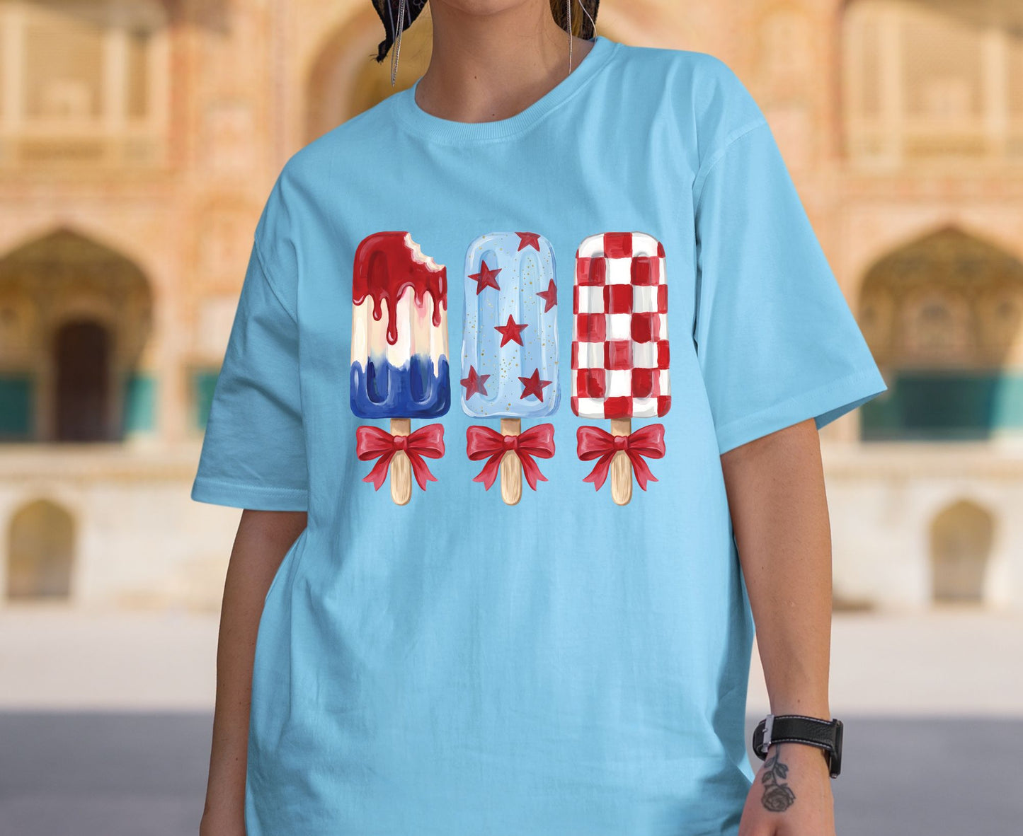 Patriotic Popsicle T Shirt, Red White and Blue Ice Cream Bows Tee, Cute 4th of July Coquette Apparel, Fourth of July Popsicles Gift Tops